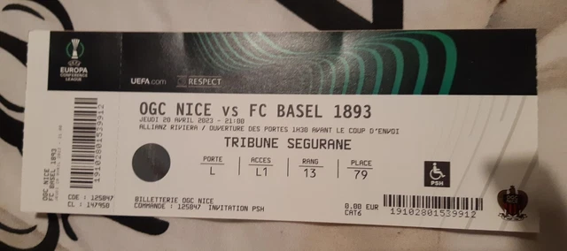 Ticket billet karte FC Basel Bale OGC Nice Nissa OGCN UEFA Europa League C. 23