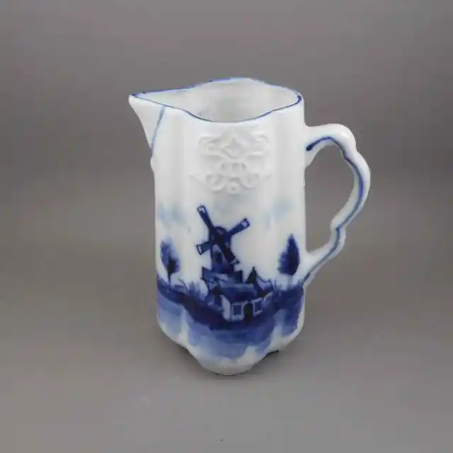 Antique / Vintage Glass Creamer Pitcher Flow Blue Delft Style White Milk Jug p02