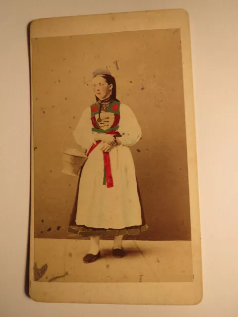 Tübingen - standing young woman in costume - colored - backdrop / CDV