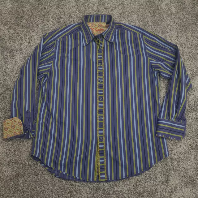 Robert Graham Flip Cuff Shirt Mens XL Blue Striped