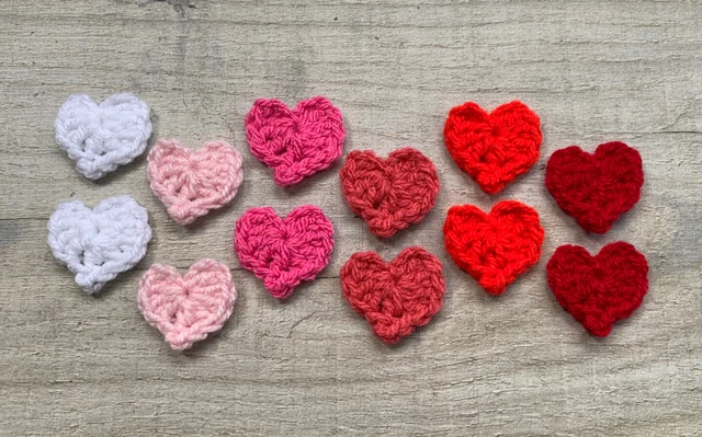12 Handmade Crochet Red & Pink Hearts Applique,Embellishment,Motif,Sewing