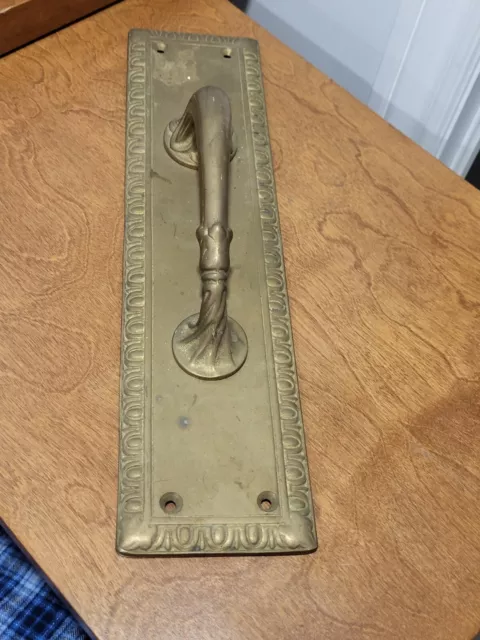 Large single Brass reclaimed vintage old Door Handle Pull 14" x 3.5" Plate