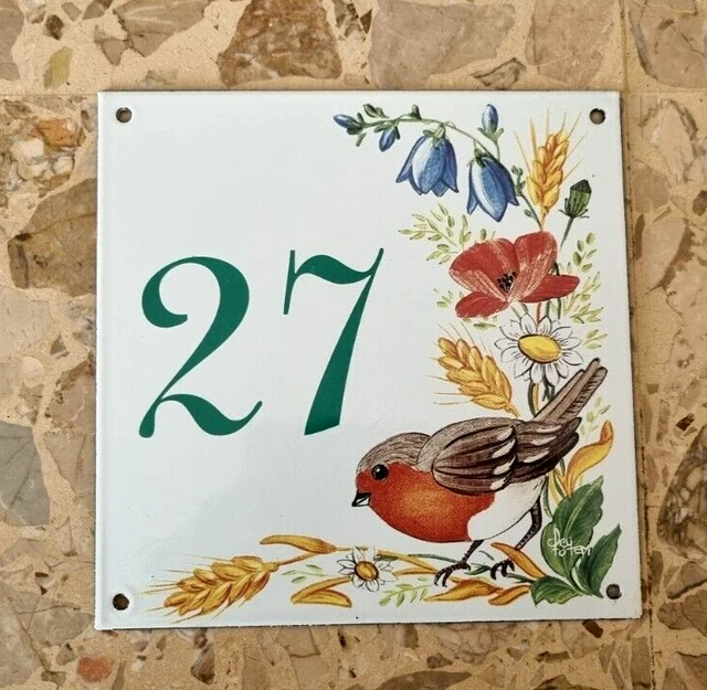 Vintage French enamel house sign bird flower number 25 for door gate street .