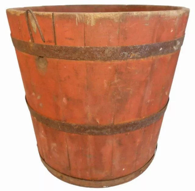 Mid-Late 19Th C American Antique Prim Sap Bucket W/Orig Red Pnt/3 Tin Hoops/Hook