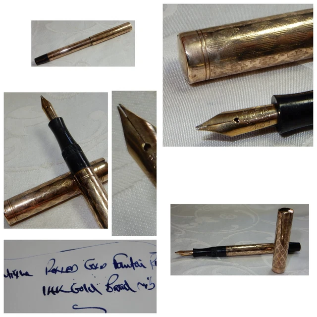 Antique Rolled Gold Overlay Fountain Pen Lever Filler - 14K Gold Broad Nib
