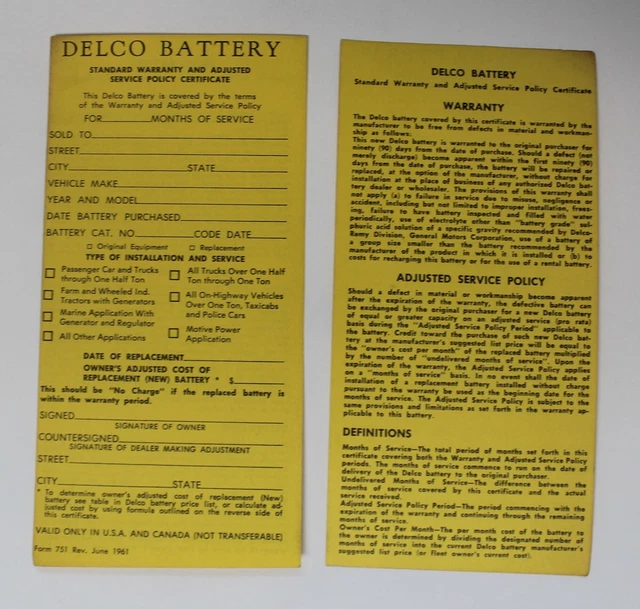 VINTAGE DELCO BATTERY Warranty Card Certificate Glove Box Dated 1961