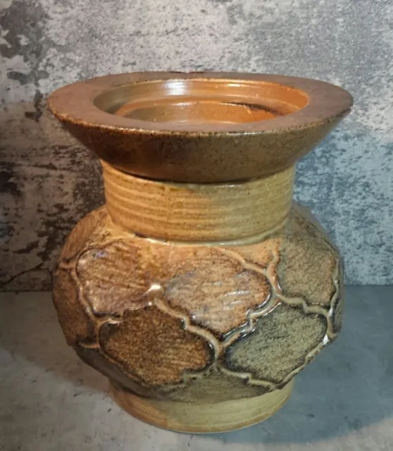 Pottery Glazed Pedestal Base Pillar Candle Holder Speckled Brown Textured Heavy
