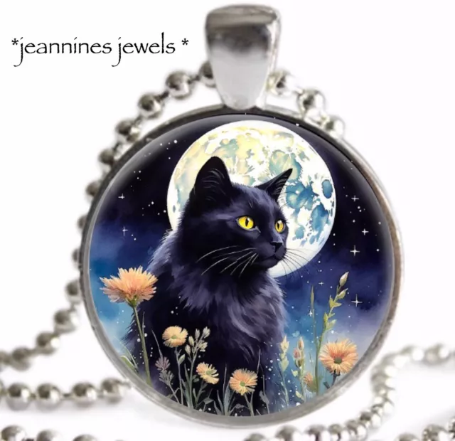 Black Cat Full Moon NECKLACE Boho Wiccan Wicca ART PRINT Silver Charm Pendant