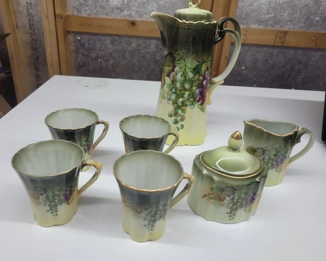 A&C Bavaria Chocolate Pot Tea Set Creamer & Sugar  9 pcs Porcelain Grapes Gold