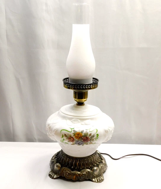Vintage Milk Glass Parlor Lamp GWTW Banquet Table Lamp Roses Victorian Hurricane