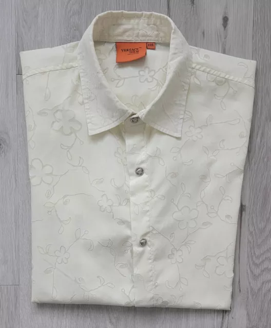 Versace Dolm | cream white daisy print burnout short sleeve shirt | MENS 3XL