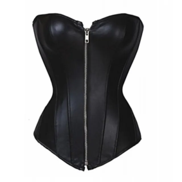 Bslingerie Womens Faux Leather Zipper Front Boned Bustier Corset - Medium