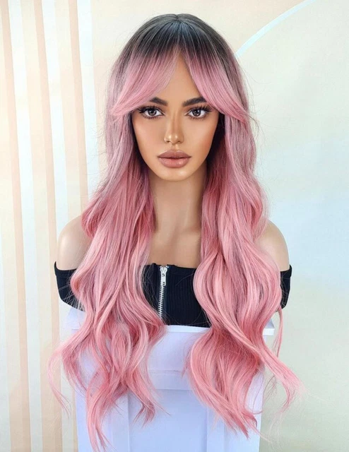 Perruque Synthétique Longue Rose Ondulée Avec Frange - Taille Moyenne, 5 Bonnets Inclus - Neuf Sans étiquettes