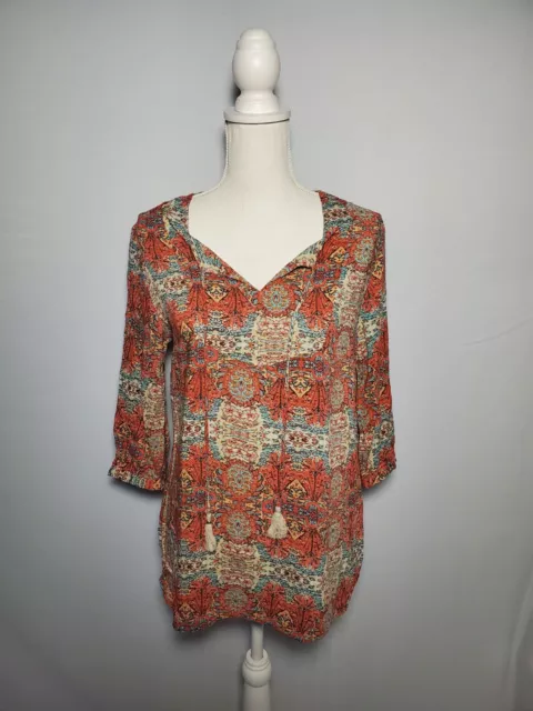 TRIBAL Beige & Terra Cotta Mandala Print Tassel Neck Top Women's Medium