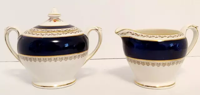 Crown Ducal Ware Creamer and Sugar Bowl with Lid. Navy/Floral, Empress Design