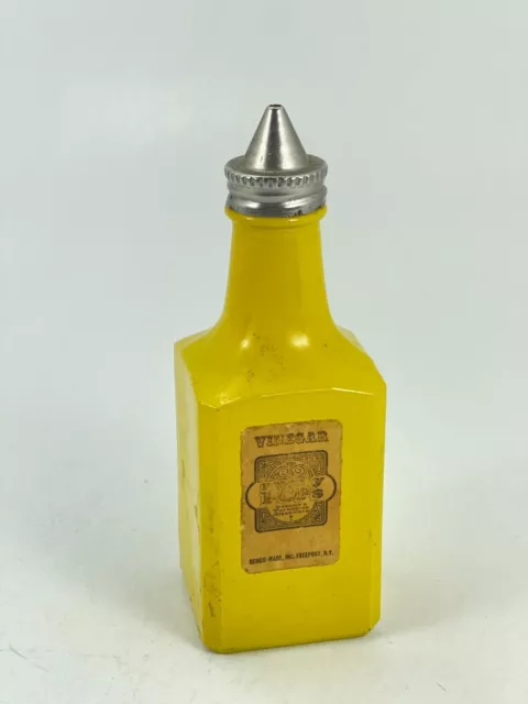 Vintage Gemco Oil Vinegar Yellow Glass Cruet Bottle Intact Label w/ Metal Lid