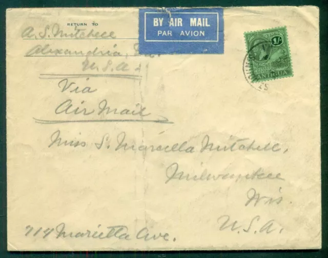 ANTIGUA, 1920's 1sh tied on airmail cover to U.S.