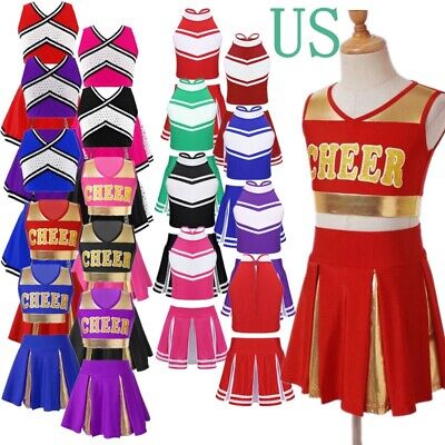 Kids Girls Cheerleading Costume Uniform Outfit Tank Tops Pleated Mini Skirt Set
