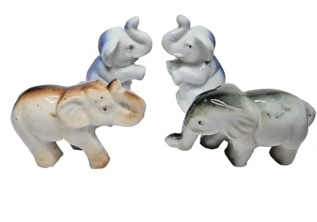 Vintage Set of 4 Mini Ceramic Elephant Japan Brown & Blue Glazed Figurines