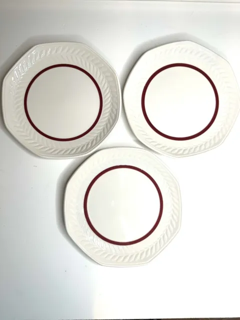 3 Vintage Syracuse China Salad Plate Embossed Laurel Leaf Octagon White Red 8”
