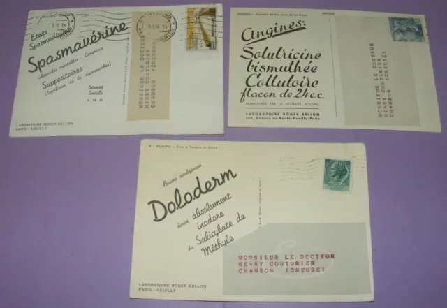3 Cartes Postales Publicité Pharmaceutique Laboratoire Roger Bellon /Ans.50/60