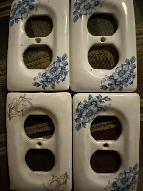 Vintage Porcelain Ceramic Outlet Plate Cover Switch Lot of 4 Floral Blue Pink