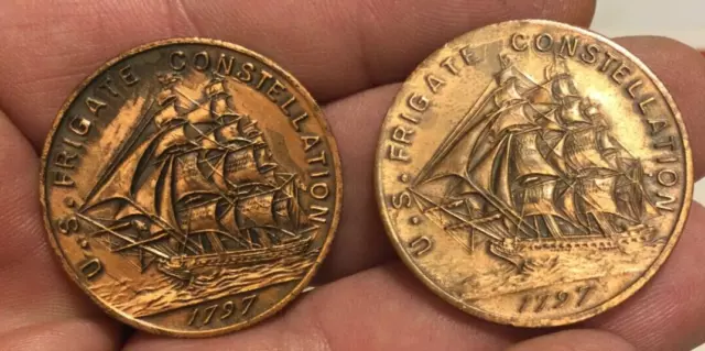 lot of 2 1797 US FRIGATE CONSTELLATION  SHIP RELIC MEDAL BALTIMORE  TOKEN