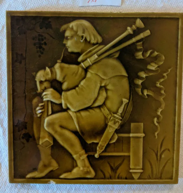 Large Minton China Works Stoke on Trent Tile: Man Playing Bagpipes