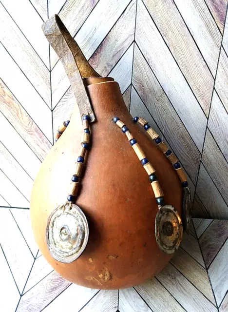 Primitive Gourd Water Vessel Canteen With Beads Percussion Instrument Native