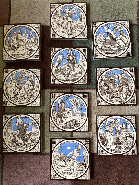 10 Minton tiles from Tennyson's Idylls of the King designed by John Moyr Smith