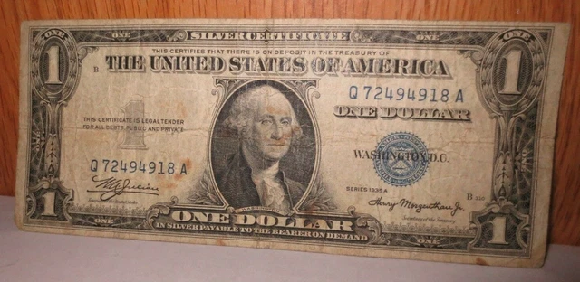 1935 A $1 Washington Blue Seal One Dollar Bill Silver Certificate Q72494918A