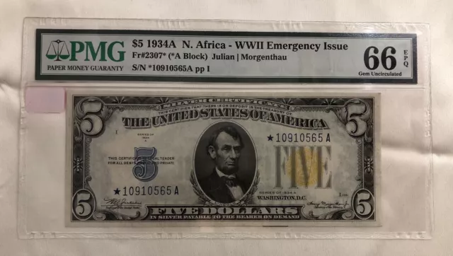 1934-A $5 North Africa, Silver Cert. PMG MS66 EPQ Star Note. 4 Graded 66/1Better