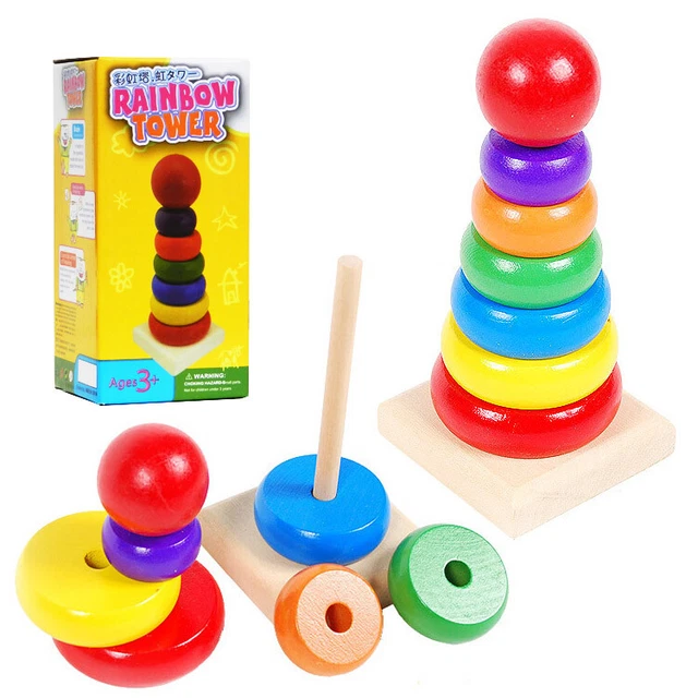Kids Baby Toy Wooden Stacking Ring Tower Educational Toys Rainbow Stack Up