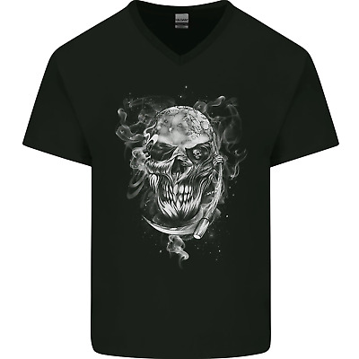 Grim Reaper Skull Death Biker Motorcycle Mens V-Neck Cotton T-Shirt