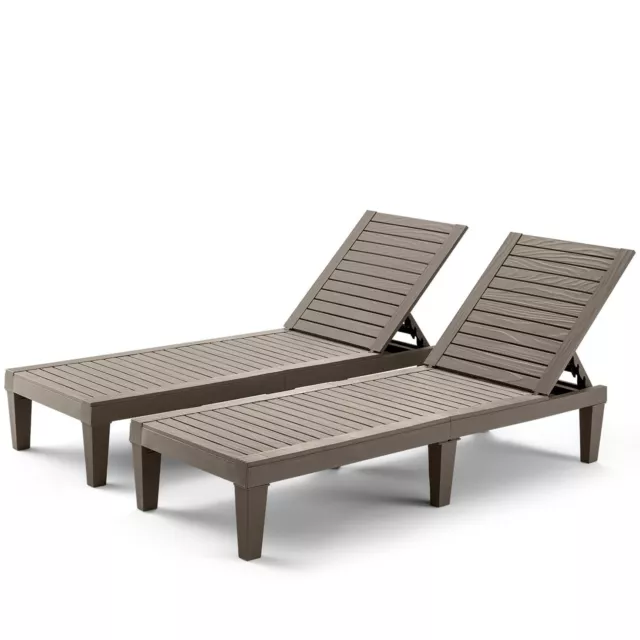 Patio Lounge Chair Set 2 HDPE Wood Adjustable Outdoor Reclining Deck Seat Brown