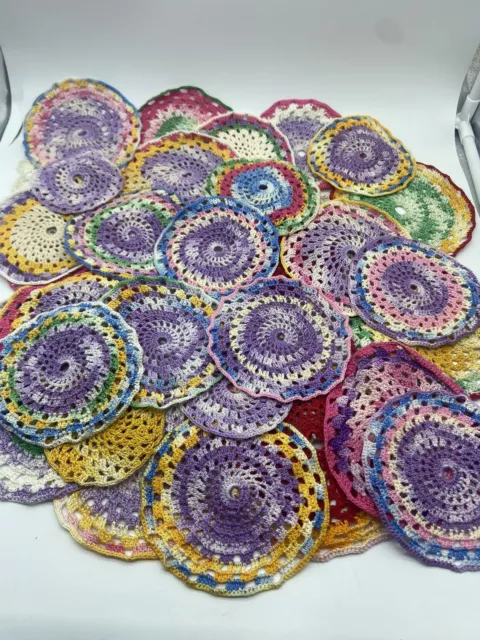 Vintage Hand Crochet Doilies Lot Of 33 Easter Colorful Pink Yellow Blue Purple