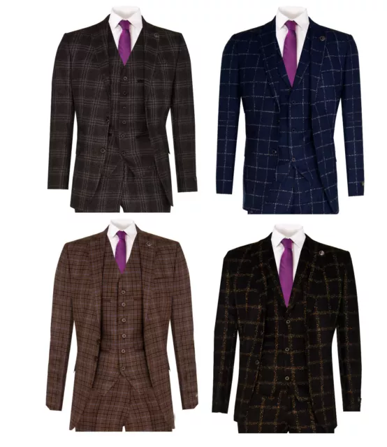 Mens 3 Piece Tweed Suit Check Wool Vintage Retro Peaky Blinders 1920 Classic Fit
