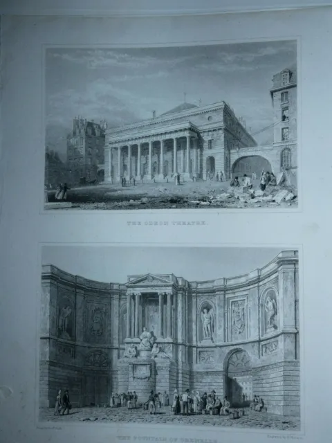 2 English engravings of Paris: theatre odeon + fountain of grenelle mid-19th century