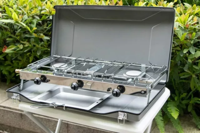 Camping Stove Chef Folding Double Burner Stove Portable Cooker With Grill BBQ UK