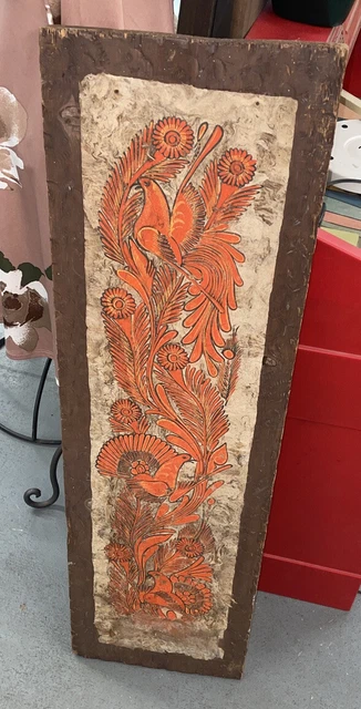 Vintage Mexican Folk Art Hand Painted Amate Bark Cloth Painting Bird On Wood 38”