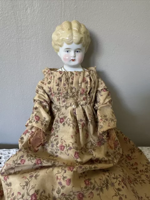 Antique Vintage China Head Doll 14” Dressed Marked Cloth Body Leather Hands