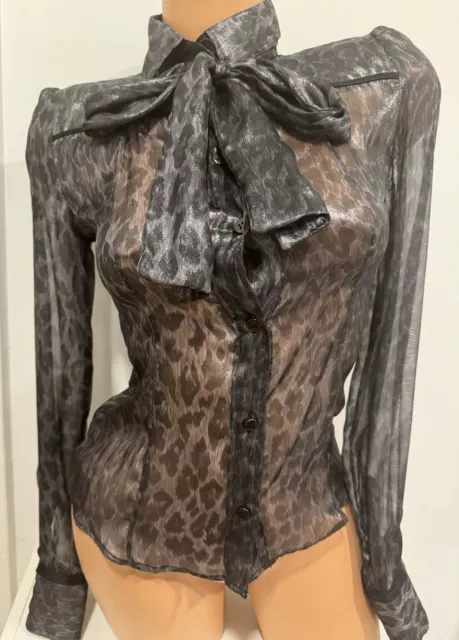 Dolce & Gabbana Silk Chiffon Leopard Print Blouse w/ Pussy Bow Shimmer Sz 40 XS