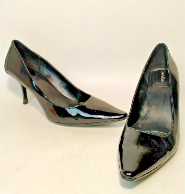 Calvin Klein Black Patent Leather High Heeled Court Shoe, Size 10M.