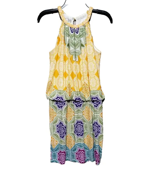 London Times 6 Halter Dress Yellow Print Blouson Braided Neck Sleeveless Batik