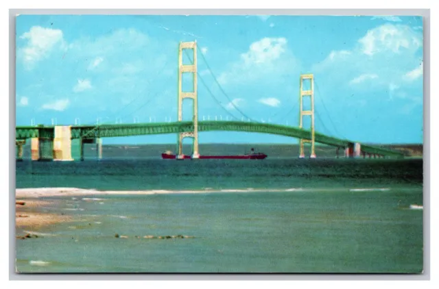 Mackinac Bridge MI Michigan Suspension Bridge Chrome Postcard Posted 1960