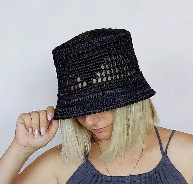 BLACK RAFFIA BUCKET hat, Crochet straw hat, Crochet Bucket Hat