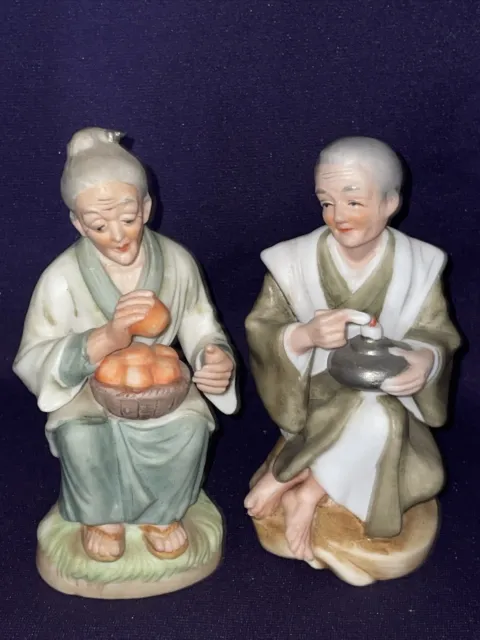 Vintage NAPCO Old Man & Woman Japanese Figurines Fruit Market Candle SET❤️blt7j1