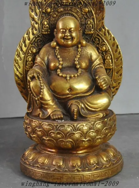 7" Old Chinese Buddhism Temple Bronze Gilt Wealth Lucky Maitreya Buddha Statue 3