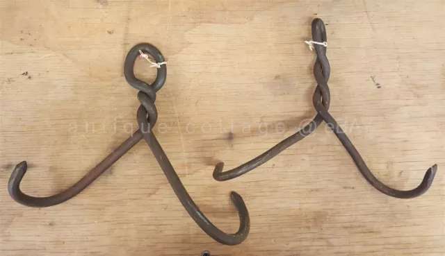 LOT antique 2 WROUGHT IRON HOOKS hand forged MEAT TRAMMEL BEAM twisted double #1
