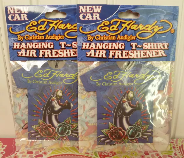 2 Ed Hardy Hanging T-Shirt Auto Air Freshener - New Car Scent